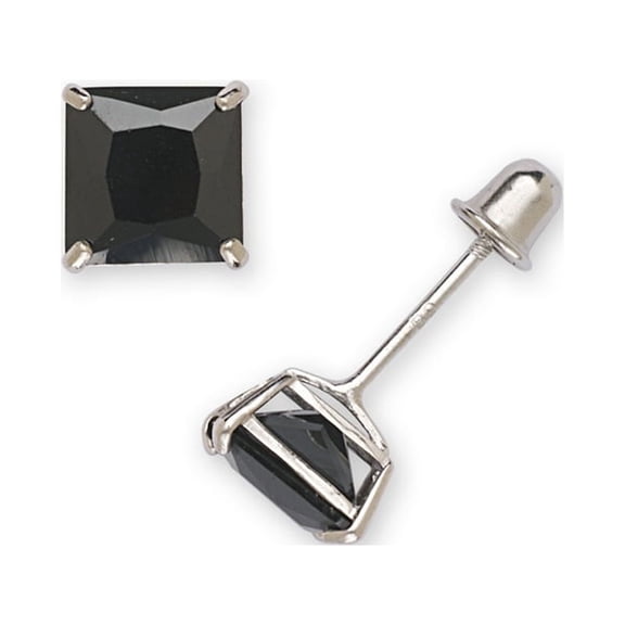 14k White Gold Black 6x6mm Square Cubic Zirconia Screw-Back Earrings