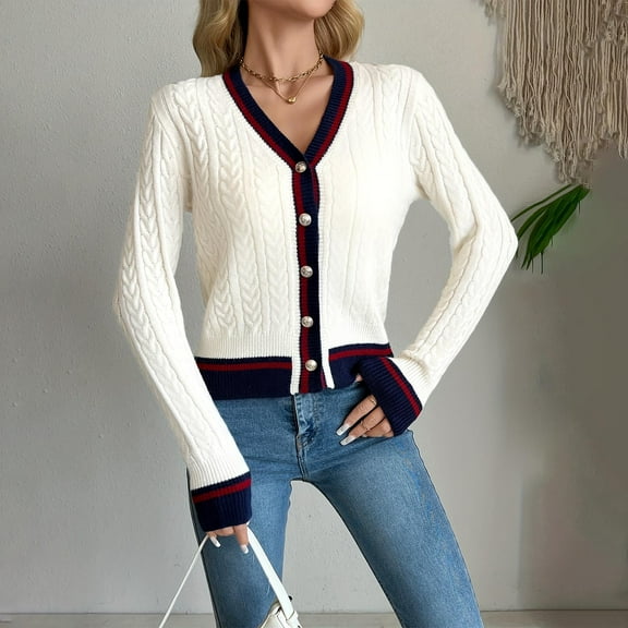 EchfiProm Women Crop Sweater Solf Cardigan White Cable Knit Solid Loose Crew Neck Long Sleeve Button down Sweater