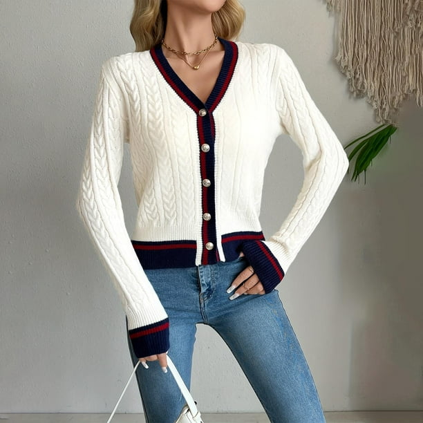 Cárdigan de moda para mujer, cuello en V, color liso, blusa con botones, suéter informal de otoño, cárdigan, blusa de poliéster para mujer