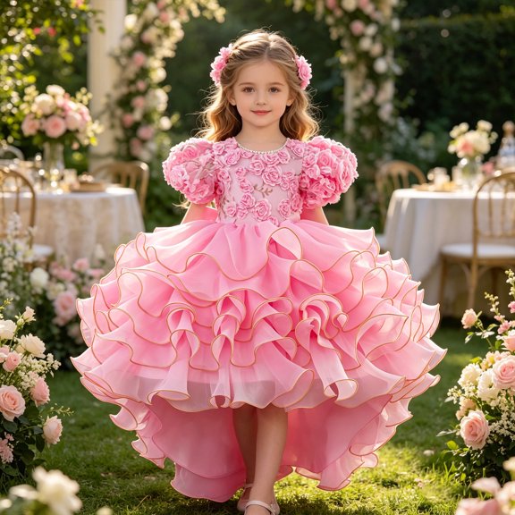 Girl Dress Size 3-4Y Kids Puffy Short Sleeve Embroidered Trailing Cake Party Long Dress Toddler Girls Dresses