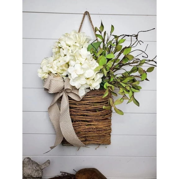 Cream Hydrangea Door Hanger Basket Wreath, Wildflowers Door Hanging Basket, Front Door Beautiful Artificial Spring and Summer Welcome Sign, Home Porch Farmhouse Decor (B)