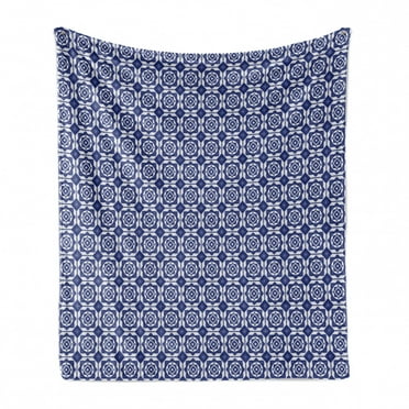 Dutch Soft Flannel Fleece Throw Blanket, Delft Style Geometric Pattern with Rhombuses and Hexagons Holland Design, Cozy Plush for Indoor and Outdoor Use, 70" x 90", Navy Blue and White, by Ambesonne
