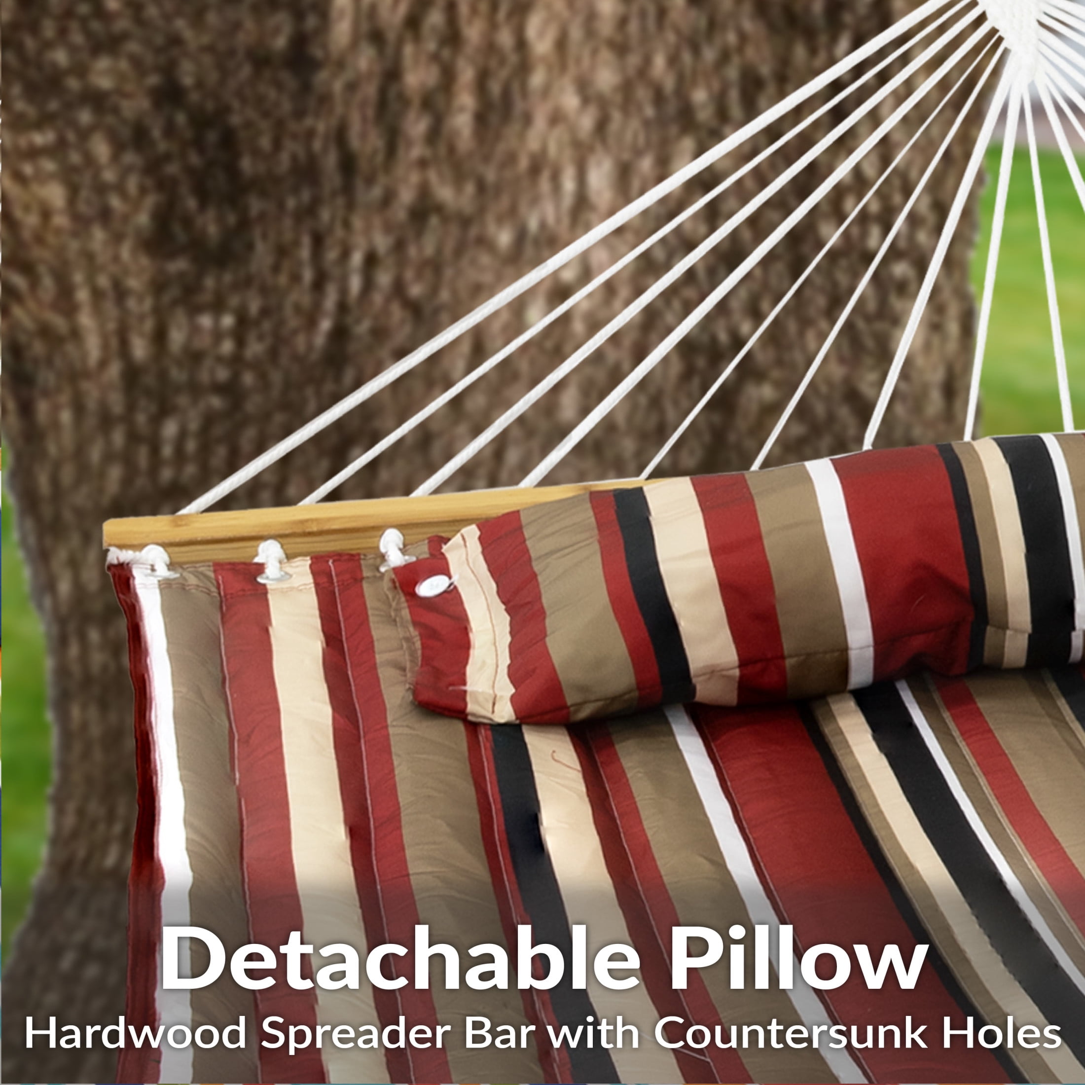 Sunnydaze 2-Person Quilted Polyester Spreader Bar Hammock, 450 lb Capacity - Awning Stripe