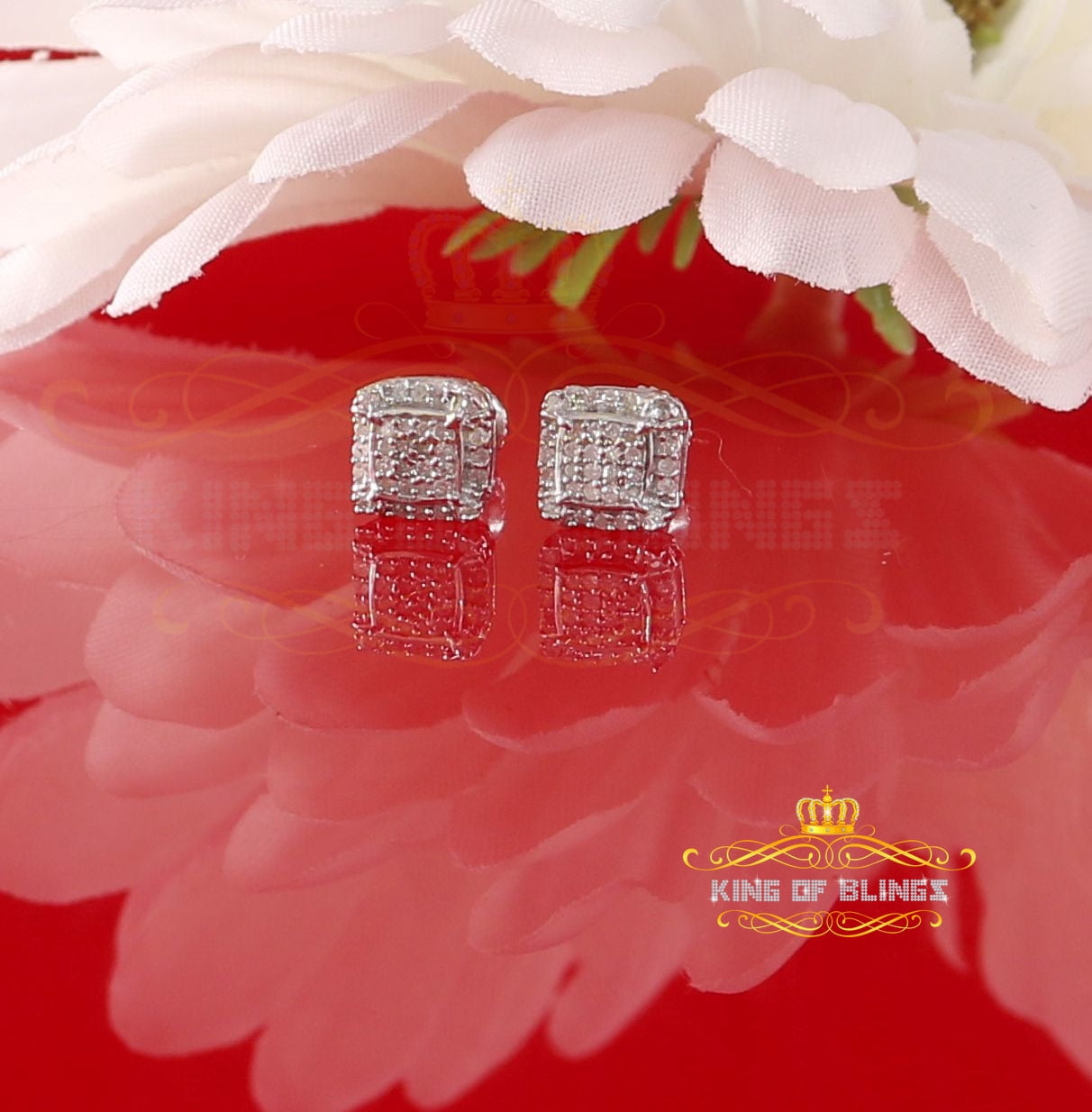 King of Bling's 0.15ct Diamond 925 Sterling Silver White Square Earring For Men's / Women's