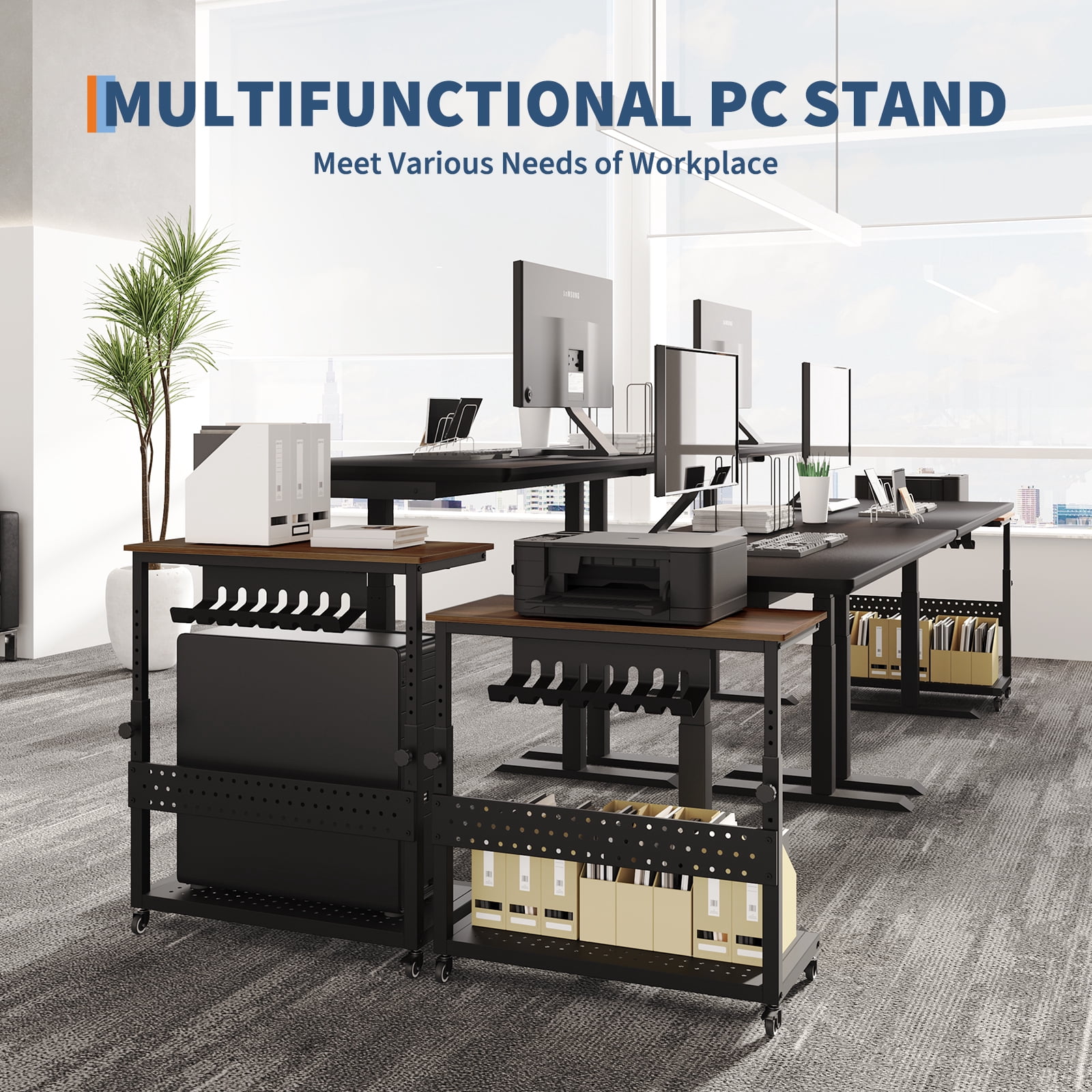 Ataujin Computer Tower Stand with Cable Management Rack, 2-Tier Mobile CPU Holder Cart, Adjustable Rolling PC Stand for Office and Home Use