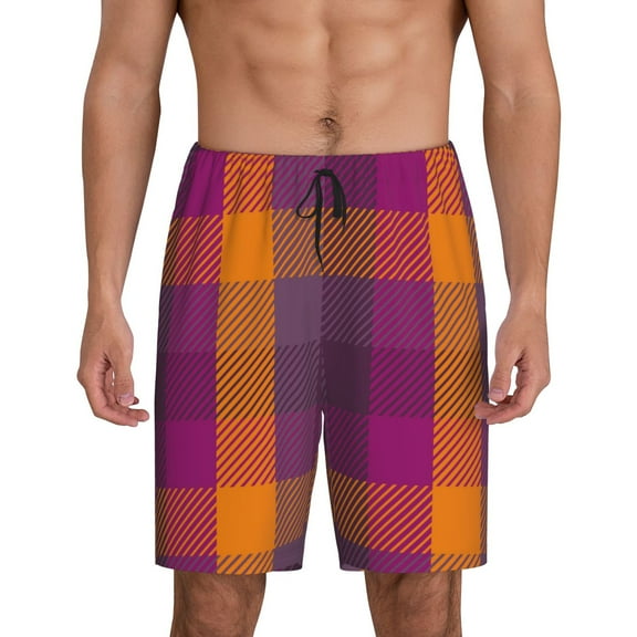 Fuzoiu Purple Yellow Buffalo Plaid Print Pajama Shorts for Men, Men's Pajama Bottoms,Mens Lounge Sleepwear,Pajama Pants with Pocket-Large