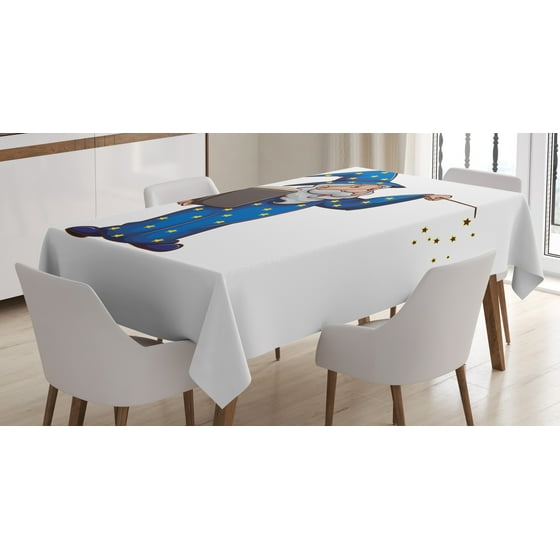 Wizard Tablecloth Sorcerer Man In A Blue Costume With Yellow Stars Casting A Spell From A Magic Book Rectangular Table Cover For Dining Room