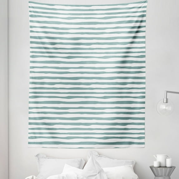 Modern Tapestry, Minimalistic Look Abstract Nautical Inspired Stripes in Asymmetric Design, Fabric Wall Hanging Decor for Bedroom Living Room Dorm, 5 Sizes, Pale Teal and White, by Ambesonne