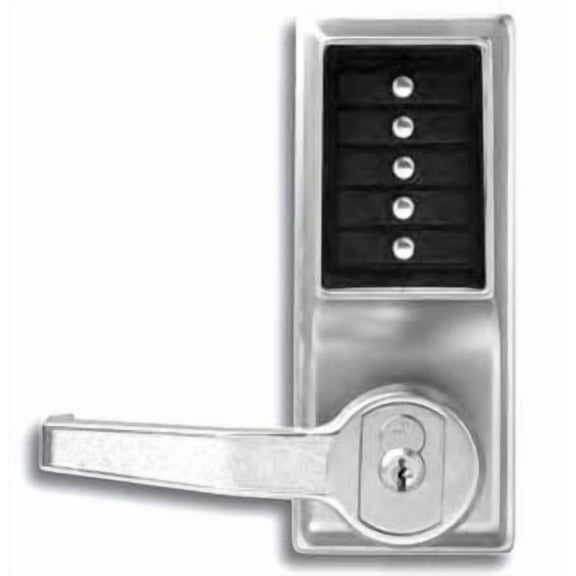 Simplex LL103126D Kaba L1000 Series Metal Mechanical Pushbutton Combination Lock with Lever, 13mm Throw Latch, Floating Face Plate, 70mm Backset, Satin Chrome Finish, Left Hand
