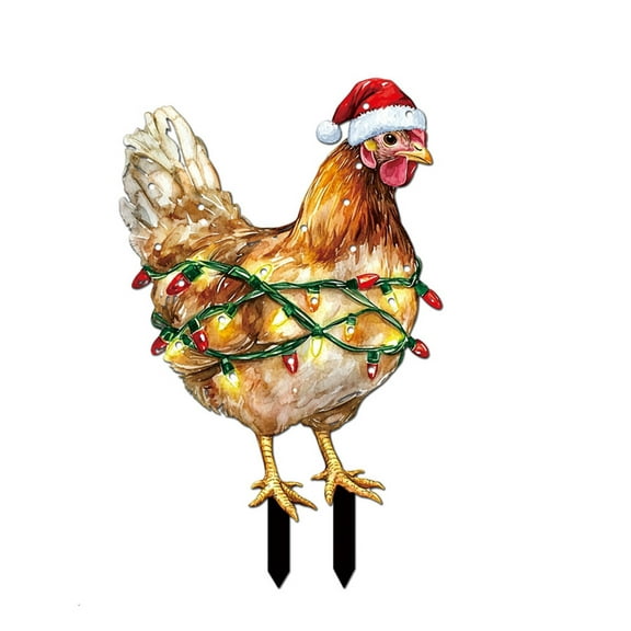 Light Up Chicken with Hat, Outdoor Lawn Ornaments, Chicken Yard Sign with Stakes, Metal Chicken Ornaments with LED Lights, Holiday Yard Signs for Patio Tree Seasonal Festival Decoration Props