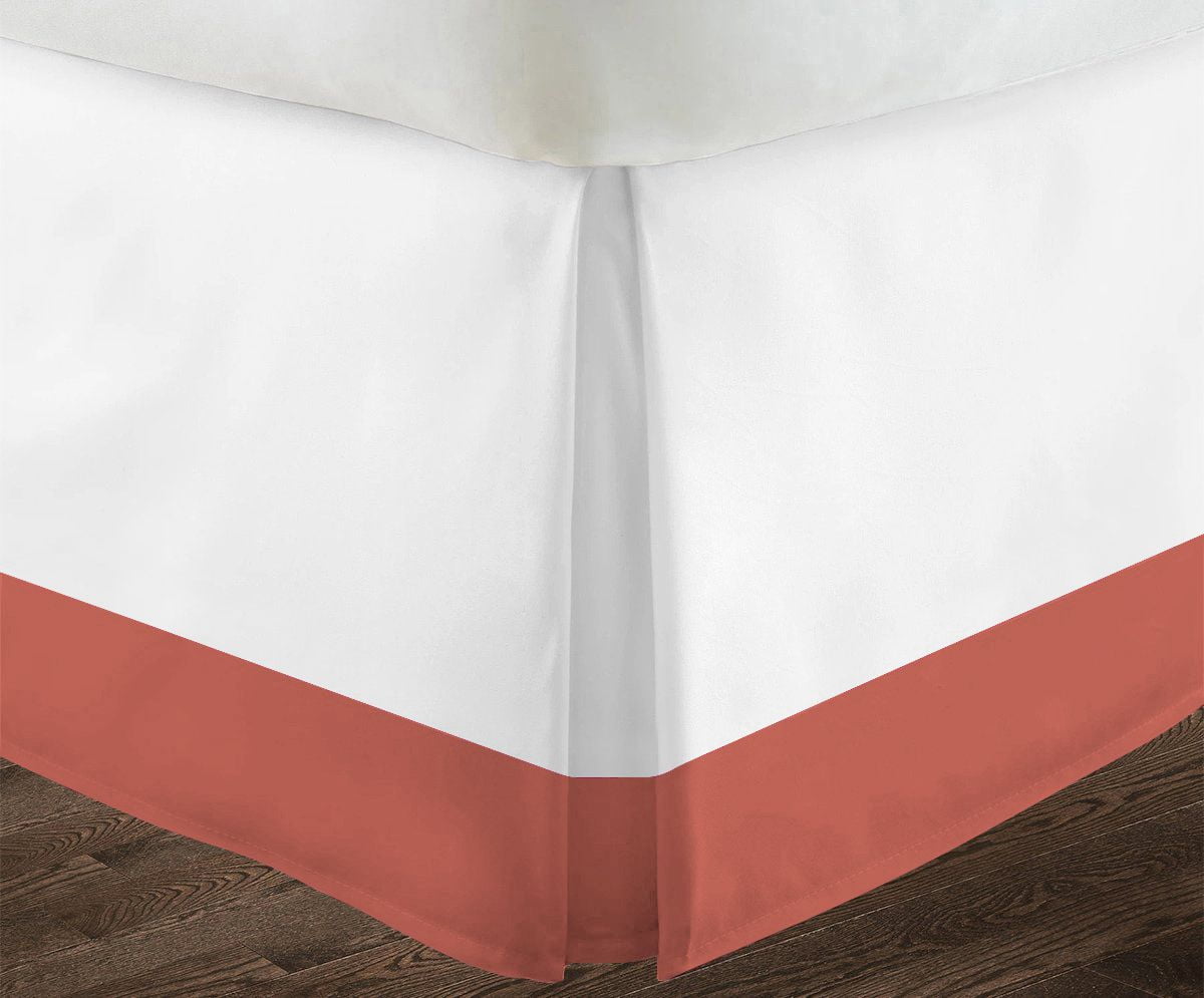 1 Piece Split Corner Two Tone Tailored Bed Skirt By D.N.G. BEDDINGS, Twin Size 15 Inch Deep Pocket, 800 TC, 100% Egyptian Cotton, Solid White/Brick Red Color.
