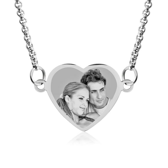 Photos Engraved - Custom Photo Engraved Heart Necklace Stainless Steel - Free reverse side engraving - 18 in chain included - W-SHSN