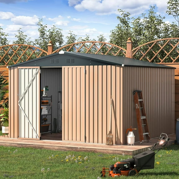 AECOJOY 10' x 10' Outdoor Storage Shed with Lockable Door Patio Metal Garden Storage Building in Brown for Outside