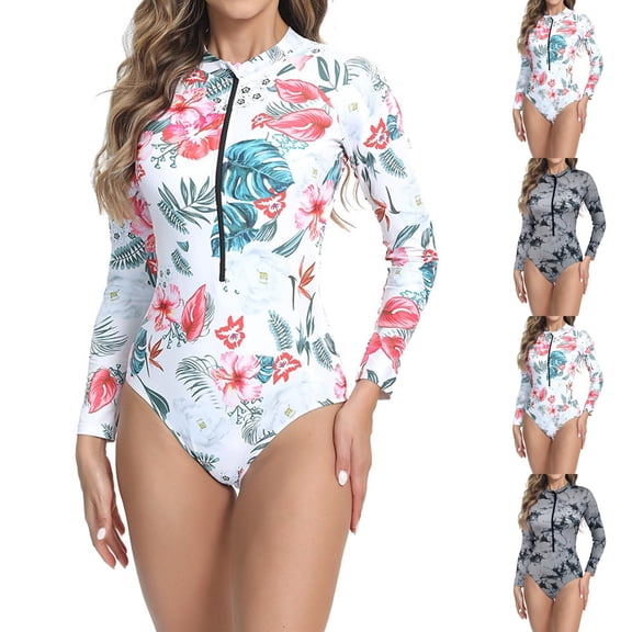 JoveMarine Women's Long Sleeve Wetsuit Printed Zipper Rash Guard One Piece Swimsuit for Diving Surfing Swimming Bathing Suit For Womens Swimsuits Gray L