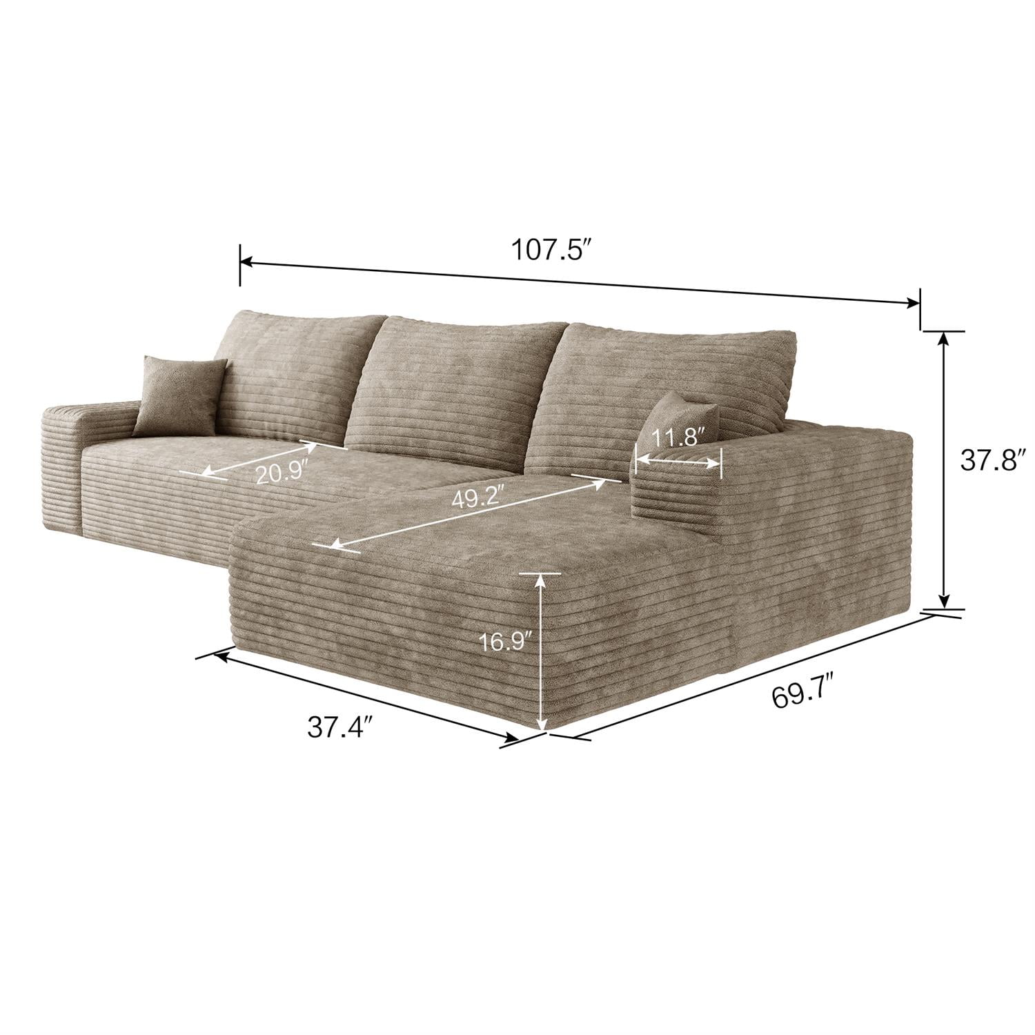 Demi Bonn Modern 107" Cloud Sectional Sofa, L-Shape Chaise, Deep Seat Modular Couch for Living Room & Bedroom, No Assembly Needed, Beige