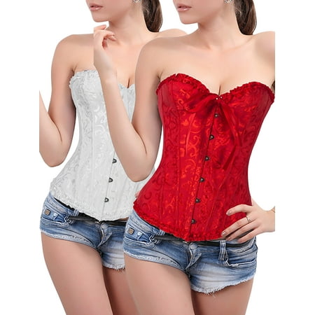 

DODOING 2 Packs Women s Satin Lace up Overbust Corset Tummy Control Slimmer Body Shaper for Women Hooks Steel Boned Top + G-string S-6XL