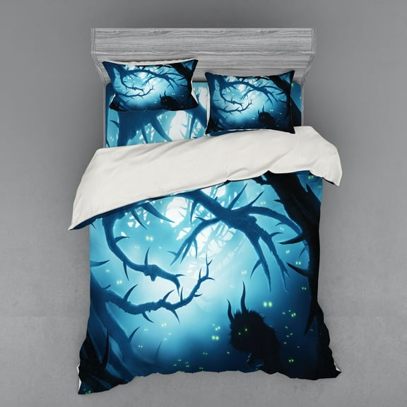 Ambesonne Animal Bedding Set 4 Pcs, Night Forest Halloween, Queen, Navy White