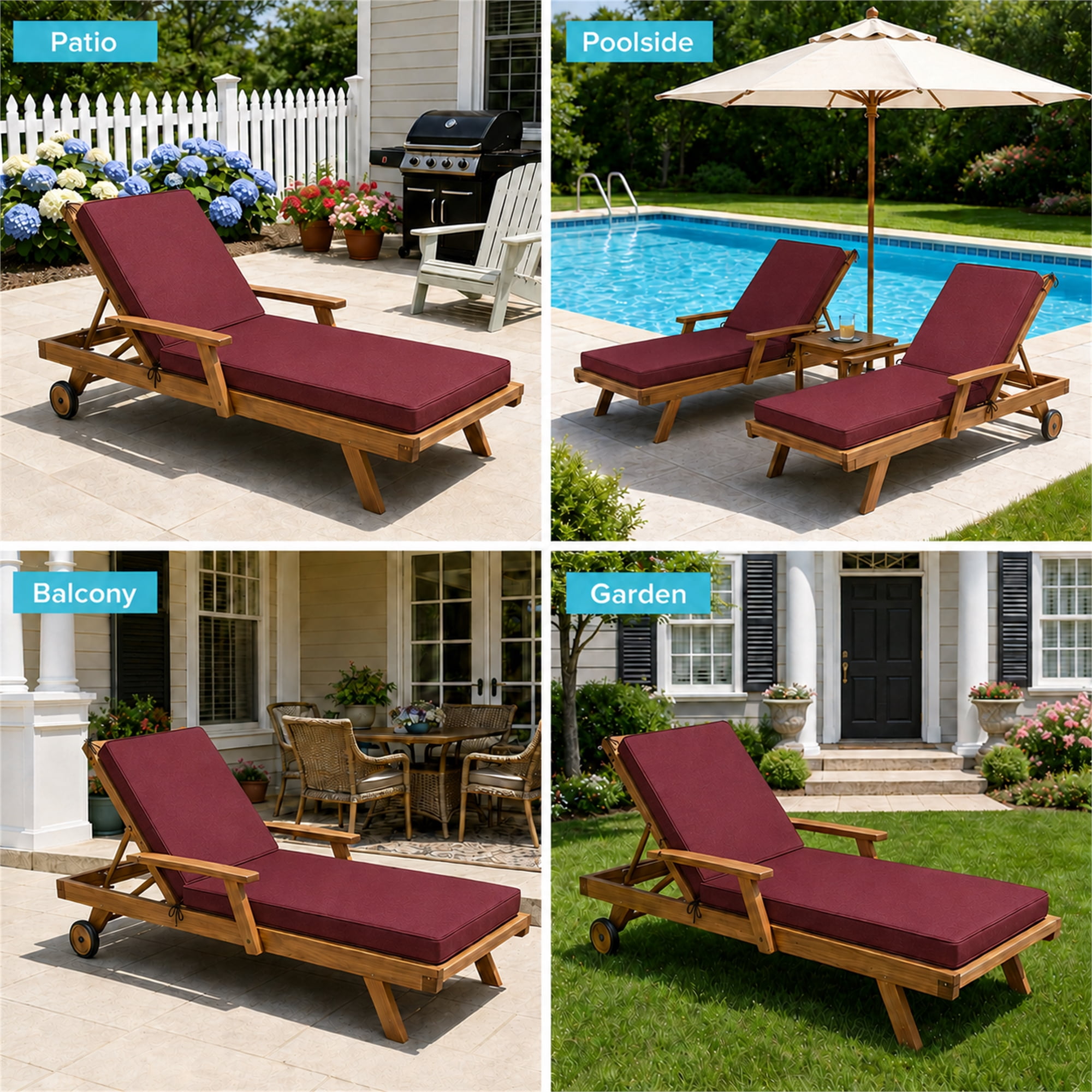 Millsilo Outdoor Chaise Lounge Cushion, 72" x 21" x 3" Patio Lounge Chair Cushion, Water-Resistant UV-Protected Replacement Cushion with High Density Foam, Burgundy