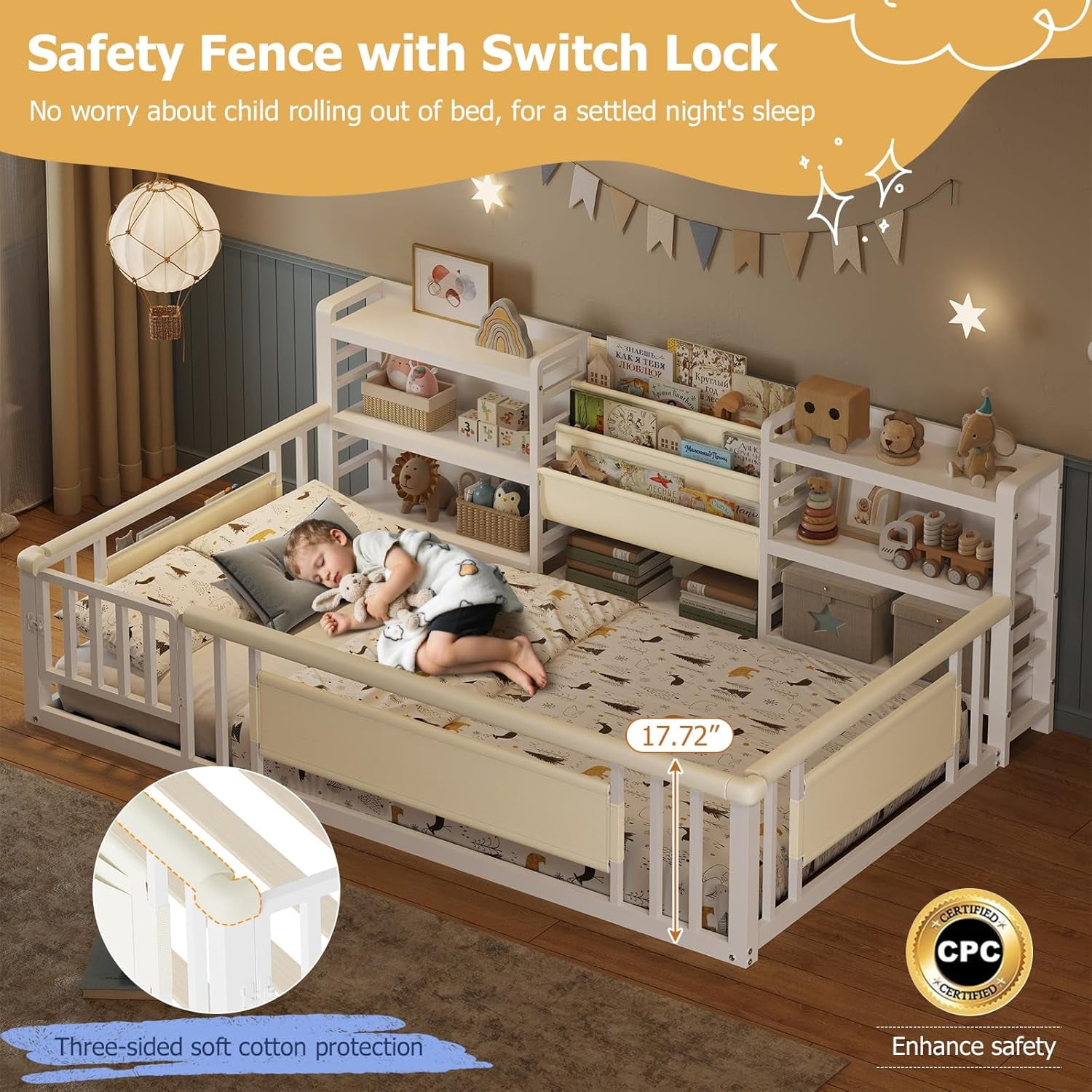 Floor Bed Frame Twin Size with High Fence & Door & Storage Bookcase, Montessori Floor Bed for Boys Girls, Twin Metal Platform Bed with Slats & Shelf & Safety Guardrails, White