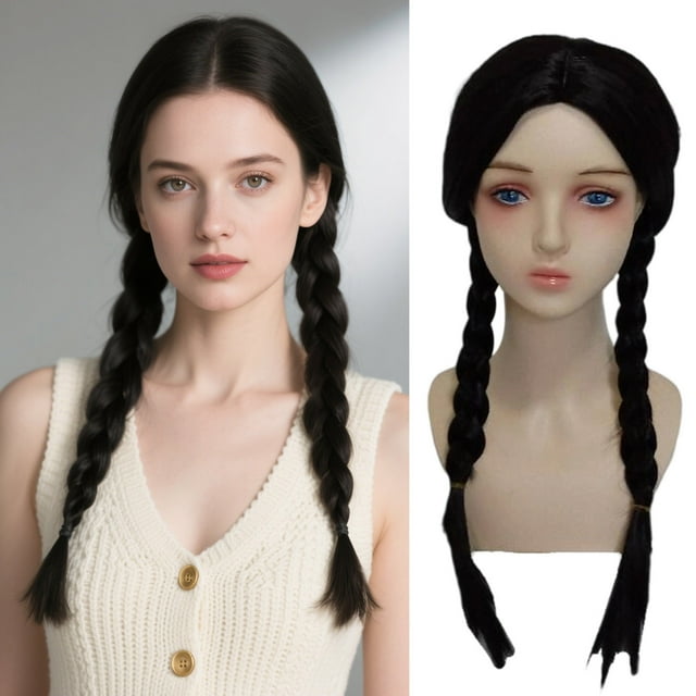 Peluca ajustable larga, negra y lisa para disfraz de Halloween. Peluca para niña, ideal para fiestas de cosplay.