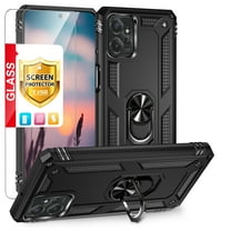 TJS for Motorola Moto G Power 2023 Phone Case, with Tempered Glass Screen Protector, Impact Resistant Metal Ring Magnetic Support Kickstand Drop Protector Cover for Moto G Power 2023 (Black)