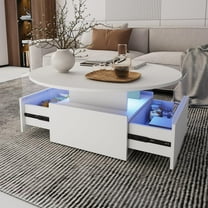 31.5" Round Coffee Table for Living Room, LED Modern Living Room Table with Storage, Square Acrylic Coffee Tables with 2 Sliding Drawers, Wood Center Table for Reception Dinning Room, White
