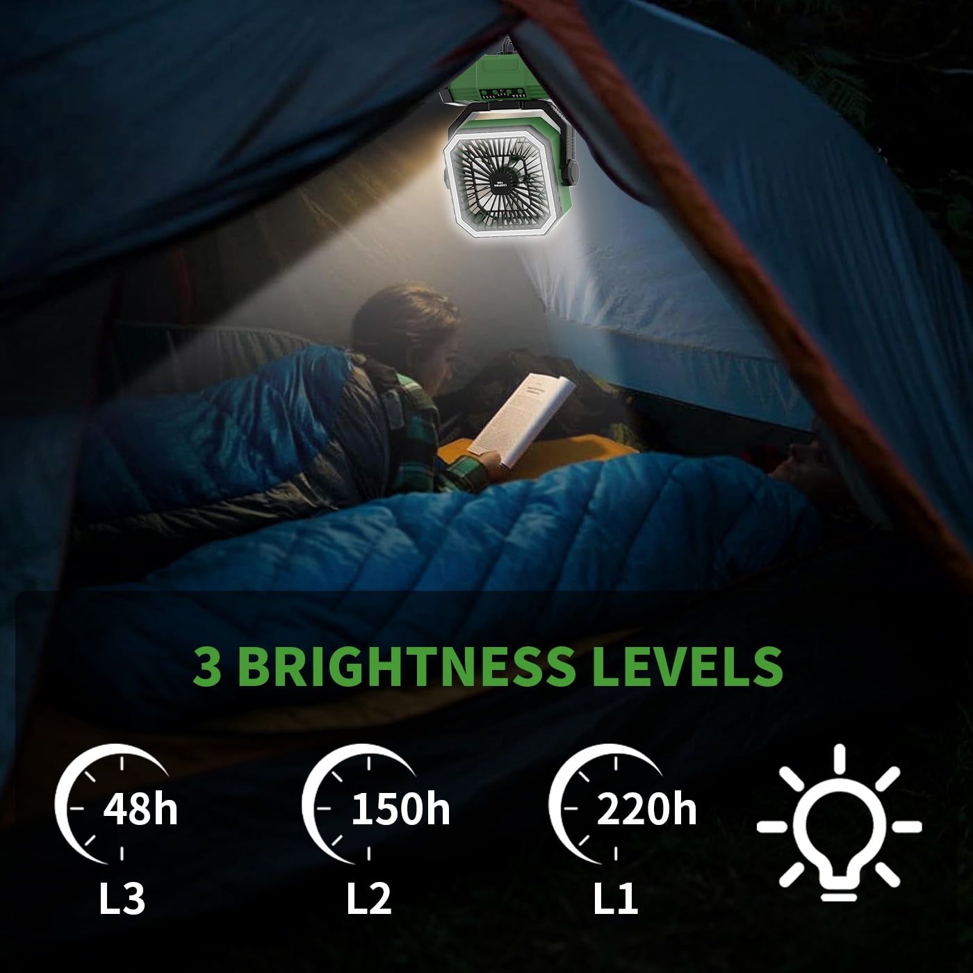 SuperRGB Portable Camping Fan, 20000mAh Rechargeable Battery Operated Fan with LED Light & Remote, 4 Speeds, Timer & Hanging Hook for Tent, Outdoor, Travel, Emergency, Green