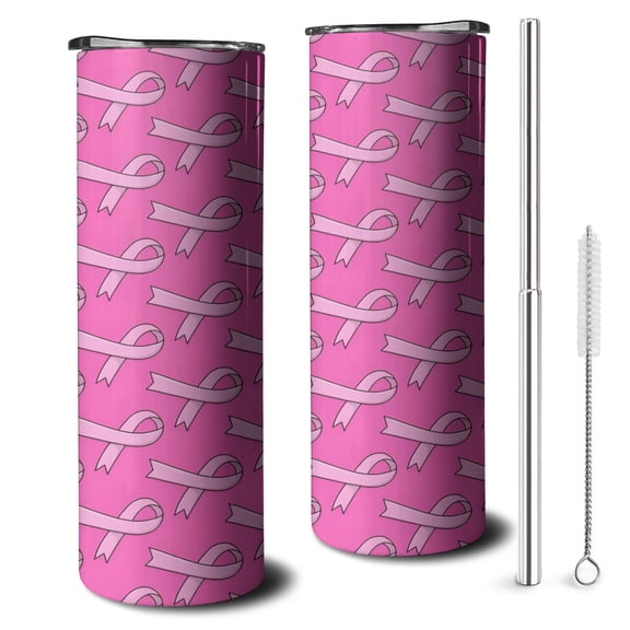 20oz Pink Breast Cancer Skinny Tumblers Stainless Steel Tumbler with Lid and Straw,Vacuum Insulated Double Wall Travel Tumbler Cups with Cleaning Brush for Coffee,Tea