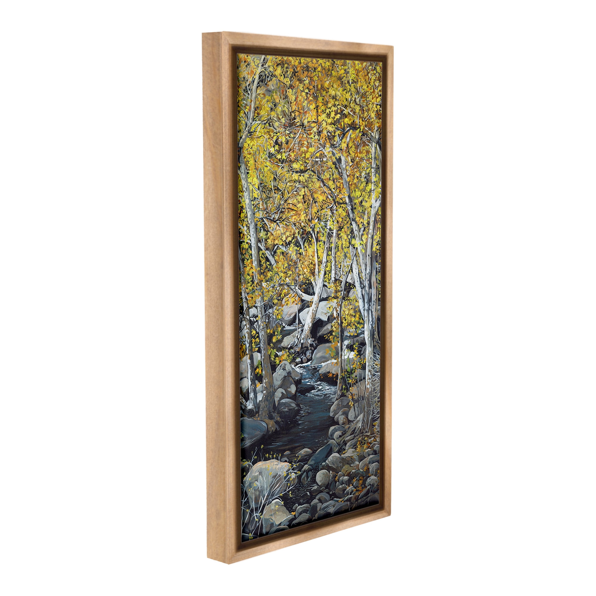 Stupell Industries Birch Tree Creek Landscape Landscape Painting Brown Floater Framed Canvas Art Print Wall Art, 14 x 31