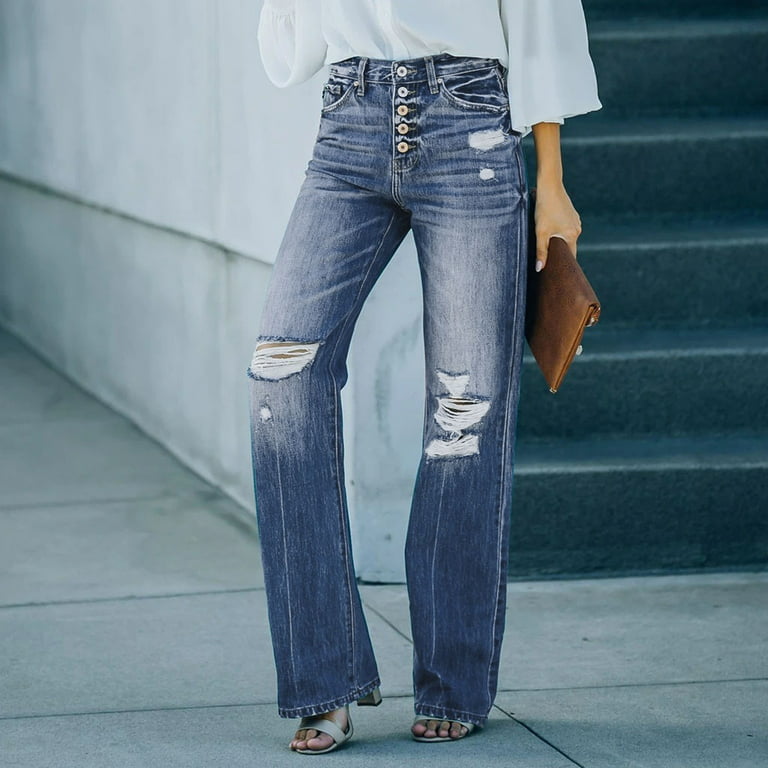 KJIUQ Wide Leg Ripped Jeans for Women High Waist Baggy Distressed Denim  Pants Casual Y2K Trendy Streetwear Trousers(Blue,L)