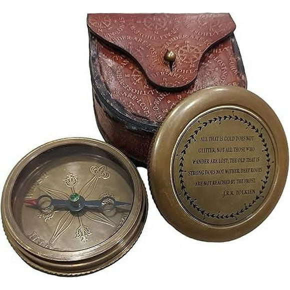 Dolchi Vintage Brass Compass with J.R.R. Tolkien Quote & Leather Case – Nautical Gift for Travelers, Collectors, and Adventurers