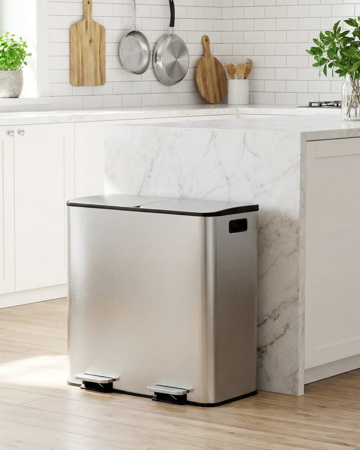 Arlopu 21.2gal Dual Trash Can, Stainless Steel Compartment Garbage can with Odor-Control Box, Step-on Recycle Bin with Soft-Close Lid & Removable Inner Buckets