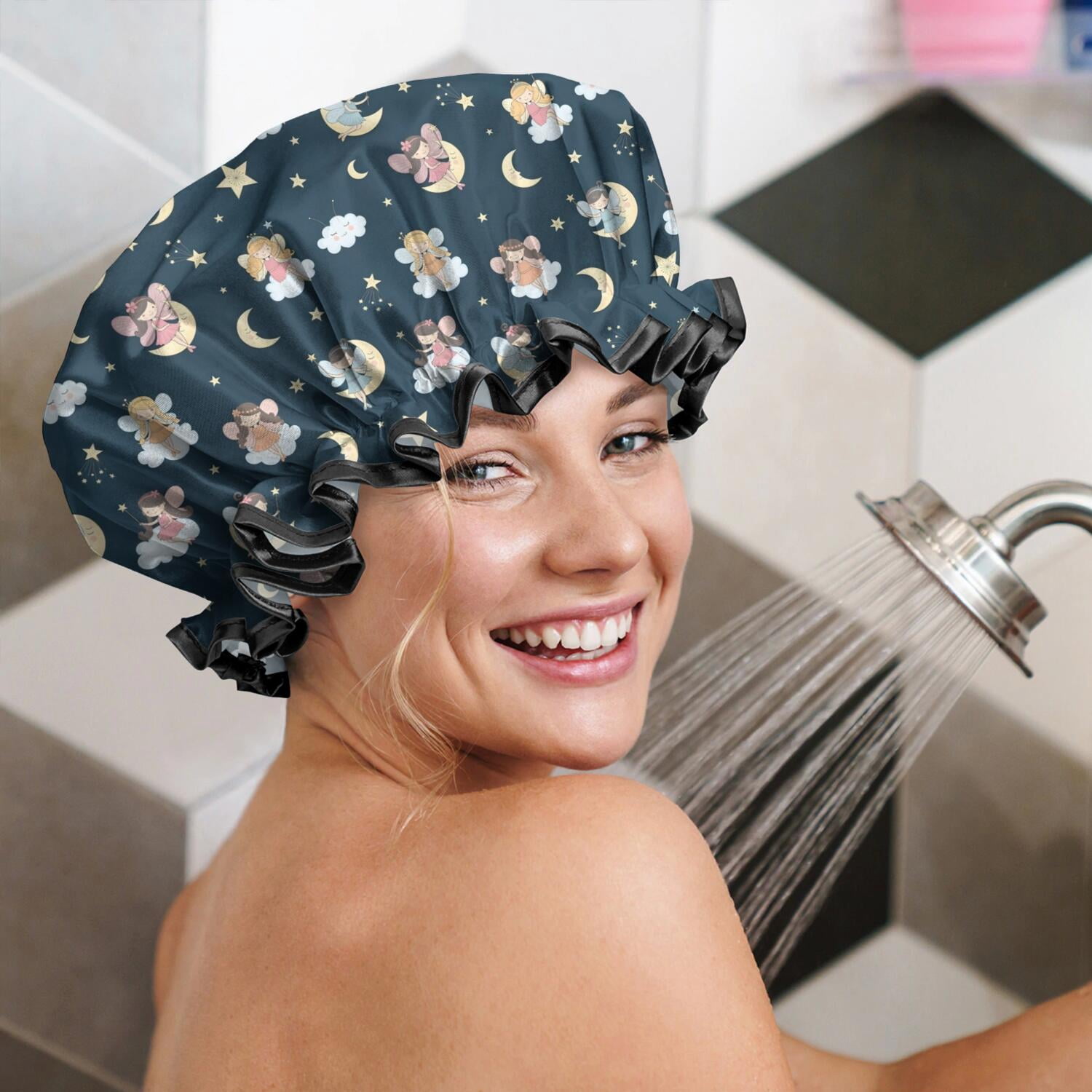 Shower Caps,Dark Blue Star Fairy Pattern Waterproof Shower Cap for Women 4 Pieces,Double Reusable Hair Cover for Shower PEVA Elastic Stretch Hem