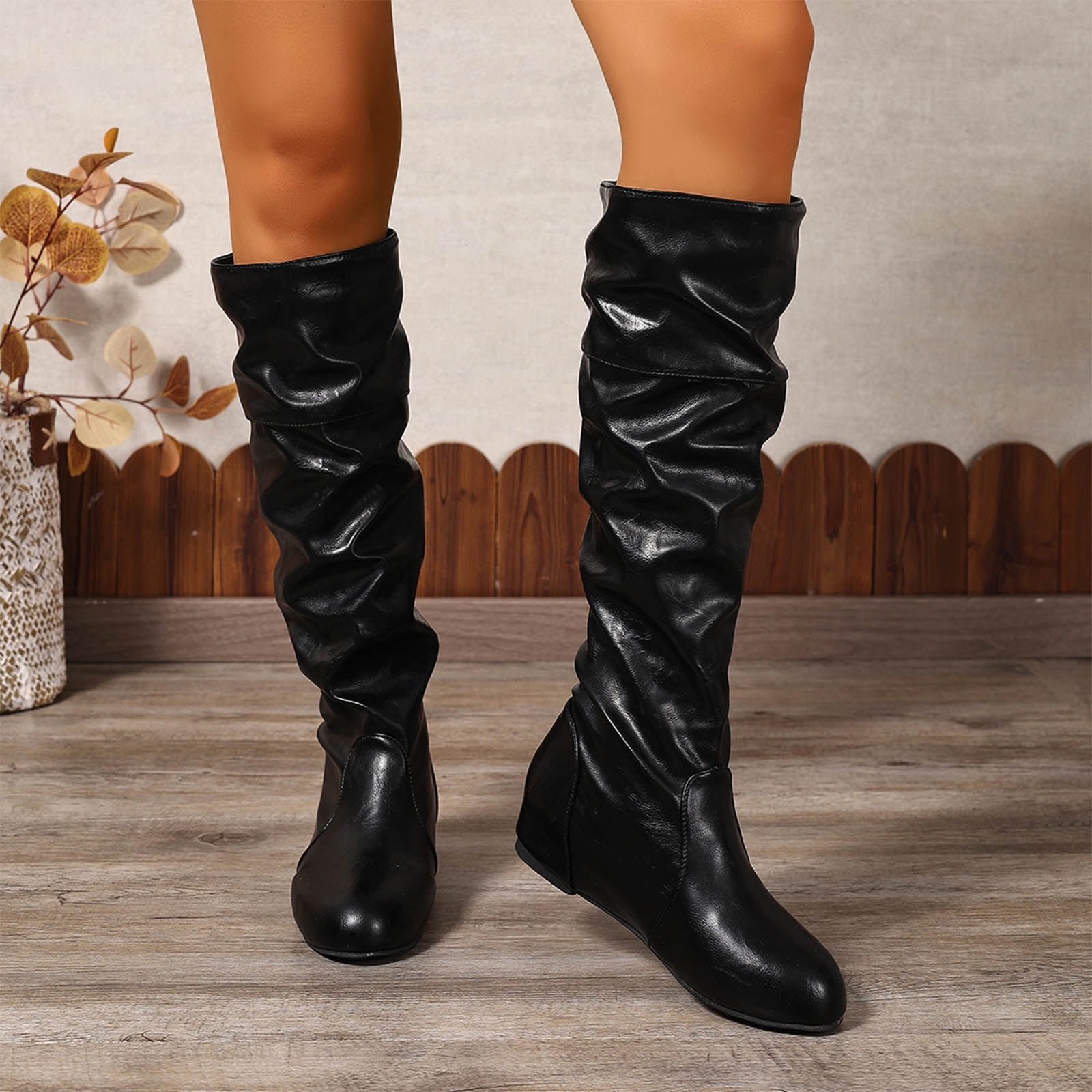 Ladies Boots Black Suede Knee High Boots No Heel Womens Slouch