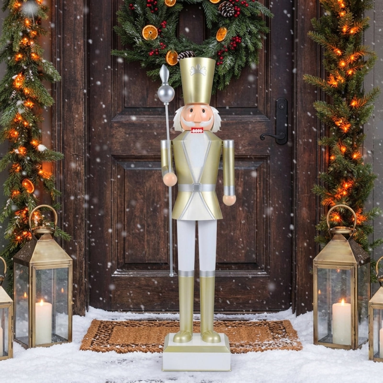 RUIE 4FT Christmas Nutcracker with High Hat and Scepter, White & Golden Metal Nutcracker Soldier with Hidden Storage for Indoor Outdoor Holiday