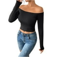 thumbnail image 2 of Tops for Women Long Sleeve Off Shoulder Solid Color Regular Blouse Black Womens Blouse, 2 of 4