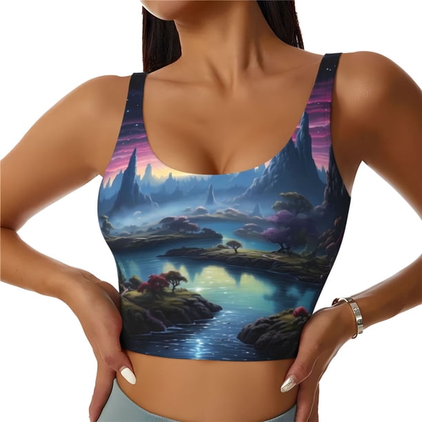 Balery Fantasy Landscape Starry Night Sujetadores deportivos con espalda cruzada para mujer, acolchados, sin costuras, de alto impacto, ideales para yoga, gimnasio, entrenamiento y fitness.-XX-Large