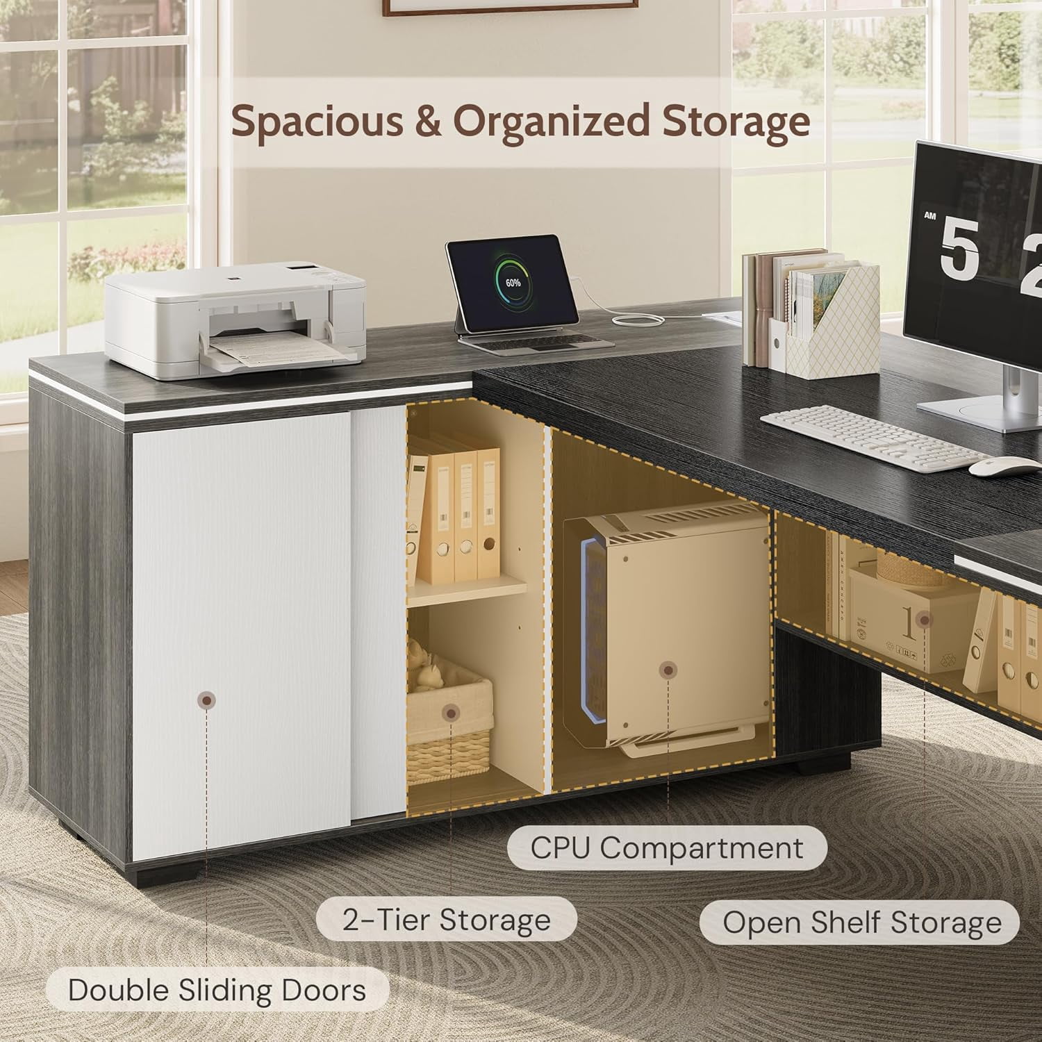 Vividwood L-Shaped Executive Desk with Cabinet Storage, 71" Office Computer Desk with Storage Shelves, CPU Stand, Cable Management (Gray)