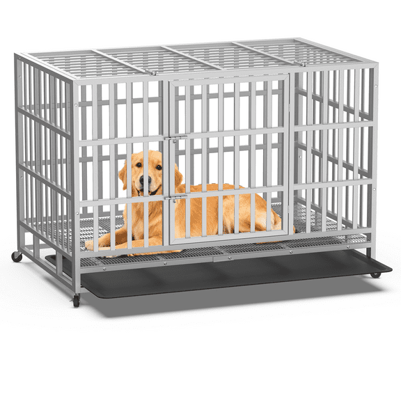 YOKWOK 48" Heavy Duty Dog Crate, Steel Escape Proof Dog Cage Kennel, Indestructible High Anxiety Dog Crate for Outdoor & Indoor with Lock and Wheels, Double Door & Removable Tray, Silver