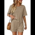 thumbnail image 1 of Pijama de Verano de 2 Piezas con Estampado de Rayas y Corta, Color Caqui, Talla XL, 1 of 8