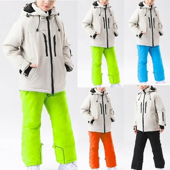 Winter Kids Boys Ski Suit Pants Jackets Sets Children's Solid Color Ski Suit Windproof Warm Children's Solid Color Skiing Set Green 14 Years(16)