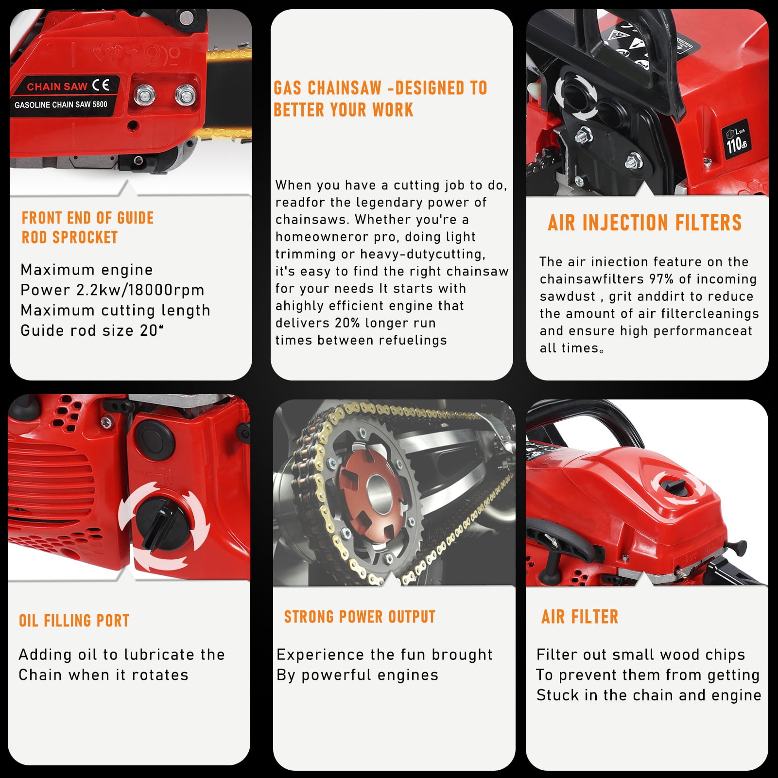 AOJA 20 Inch Gas Chainsaw, 58CC 2-Stroke Gas Powered Chainsaw, Handheld Cordless Chainsaw, High-Power Logging Saw for Farm/Garden/Ranch/Wood (Red)
