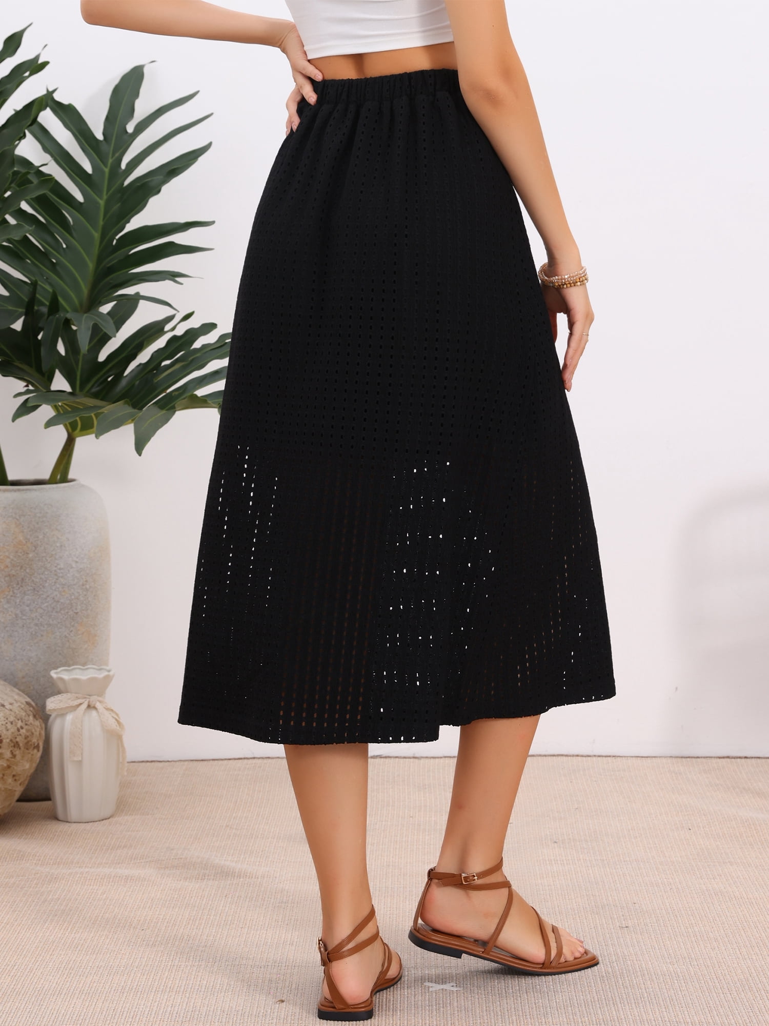 DARING DIVA Women's Summer Long Skirt Eyelet Beach Midi Skirt Medium Black