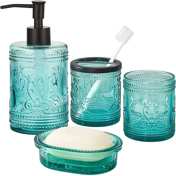 4PCs Teal Blue Glass Bathroom Accessories Set with Decorative Pressed Pattern - Includes Hand Soap Dispenser & Tumbler & Soap Dish & Toothbrush Holder (Bathroom Accessories Blue)