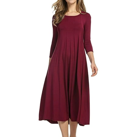 

LBECLEY Plus Size Summer Dress for Women Women s Fashion Casual Solid Dress Round Neck Long Sleeve Mid Calf Swing Dress Dress with Shelf Bra Red L