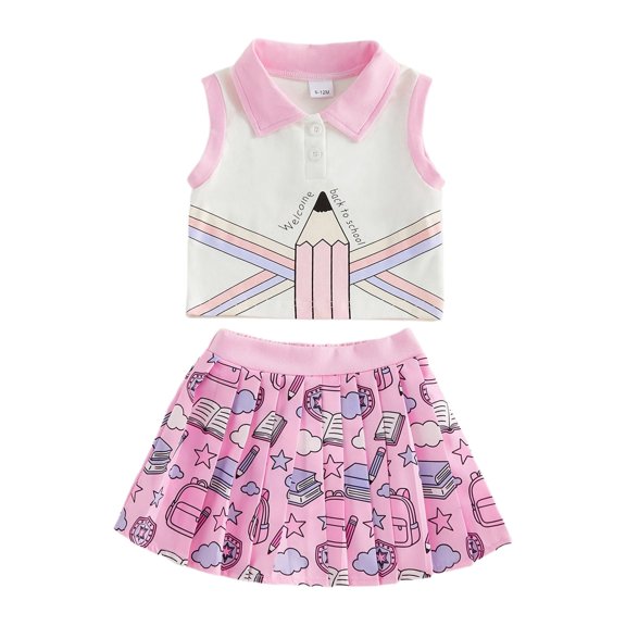 BemeyourBBs Baby Girl Back to School Outfit Kids Pre Kindergarten Outfits Toddler Baby Girl Summer Clothes Sleeveless Collared Button Tank Vest Tops and Book Pencil Printed Pleated Skirt Set