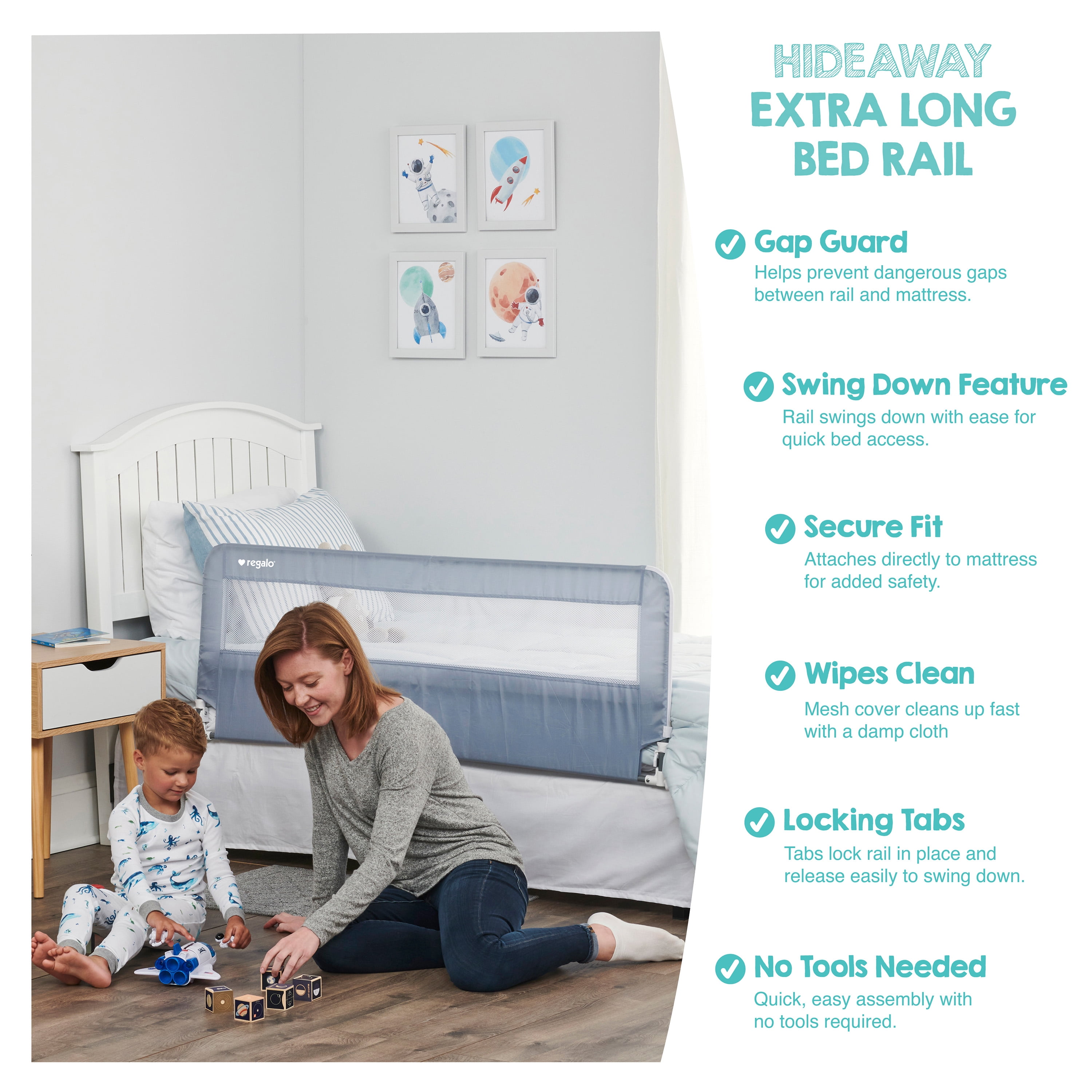 Regalo Extra Long Hideaway Metal Bedrail, Gray Baby/Toddler Safety Bed Rail