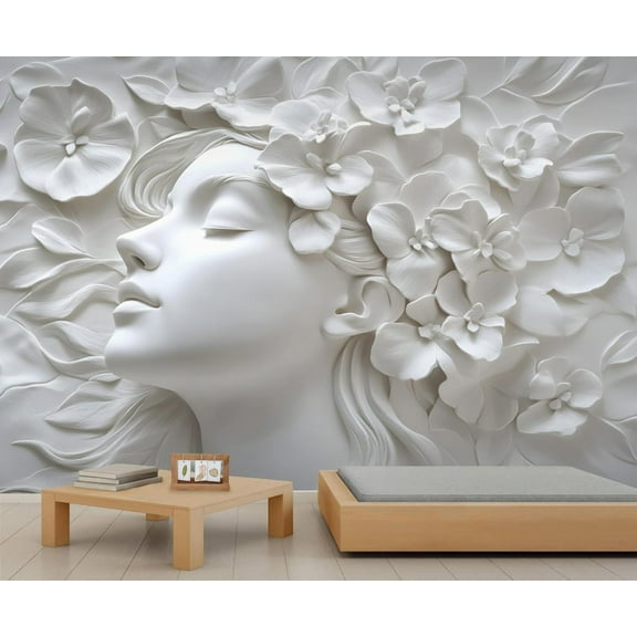 Stereo Woman Statue Wall Mural, Relief White Flowers 3D Wallpaper Mural, Nordic Modern Luxury Art Wall Murals Wallpaper For Woman Bedroom Bedside Living Room 59"W x 39.4"H (Not Peel and Stick)