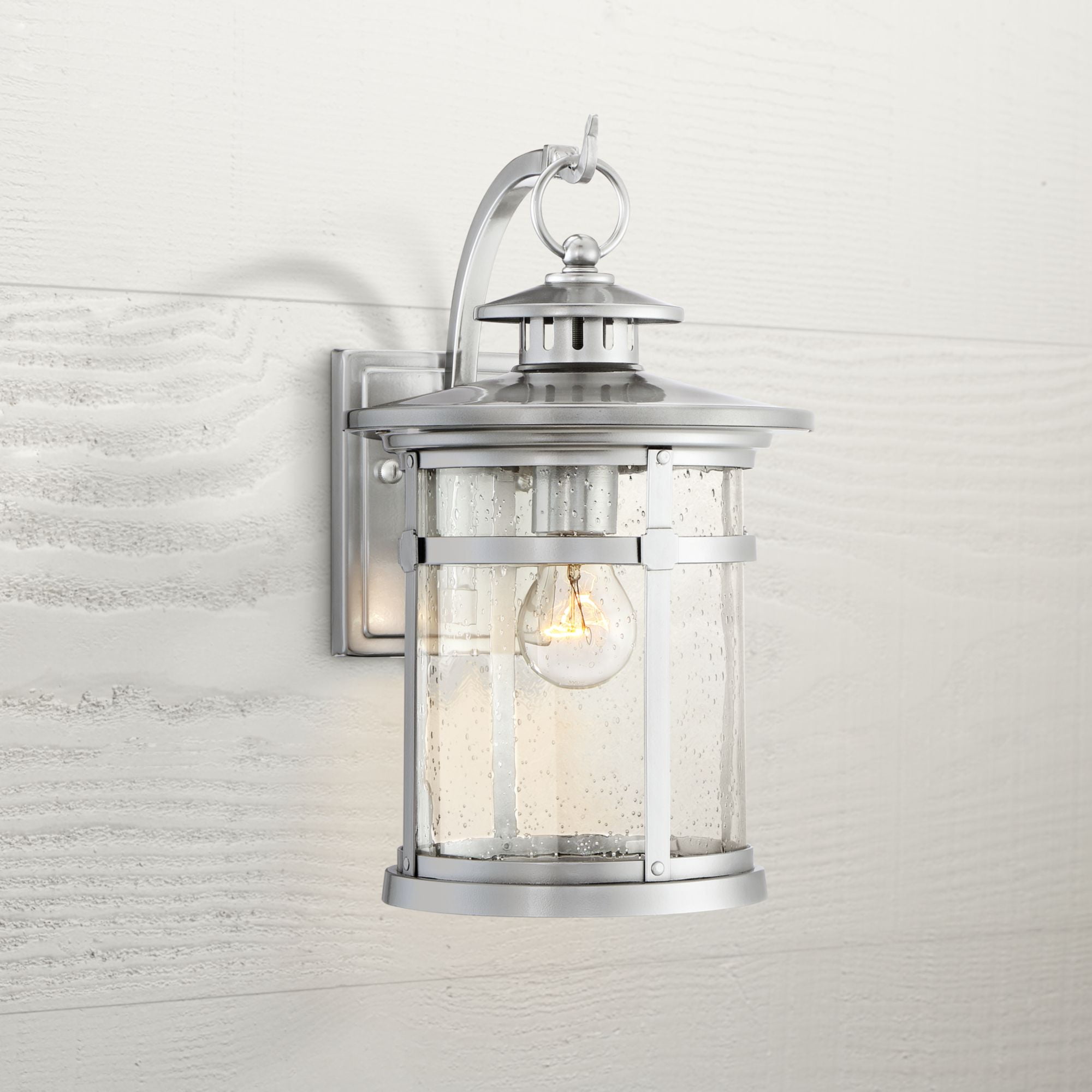 Franklin Iron Works Callaway Modern Industrial Outdoor Wall Light Fixtures Set of 2 Chrome Metal 11 3/4" Clear Seedy Glass for Post Barn