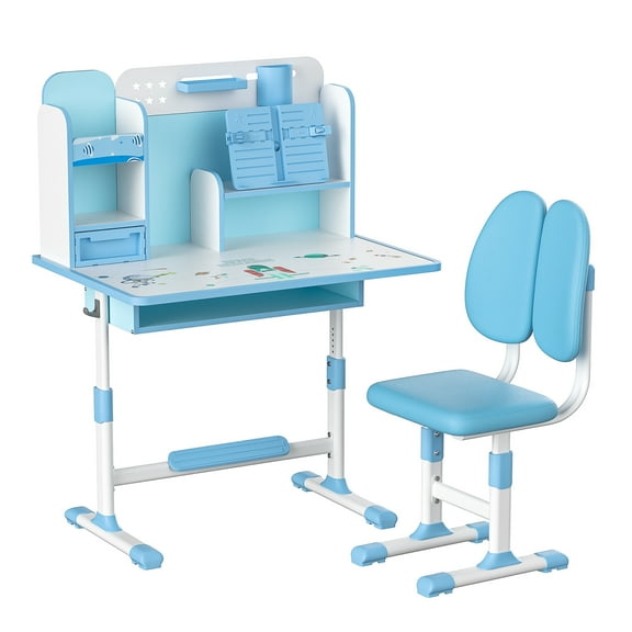 Aqyh Kids Desk Chair Set, Height Adjustable Kids Table and Chair Set w/Pen Holder, Reader, Drawer and Foot Pedal, Children School Study Table Student Desk for Boys Girls (Blue)